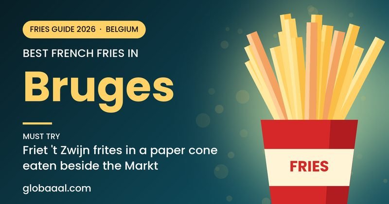 Best french fries in Bruges, Belgium: must-try Friet 't Zwijn frites in a paper cone eaten beside the Markt